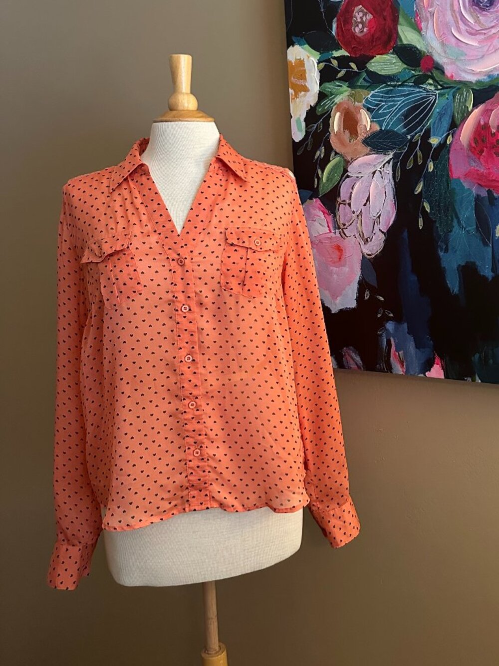 Free People Coral Heart Print Lace Back Button Down Blouse Size L